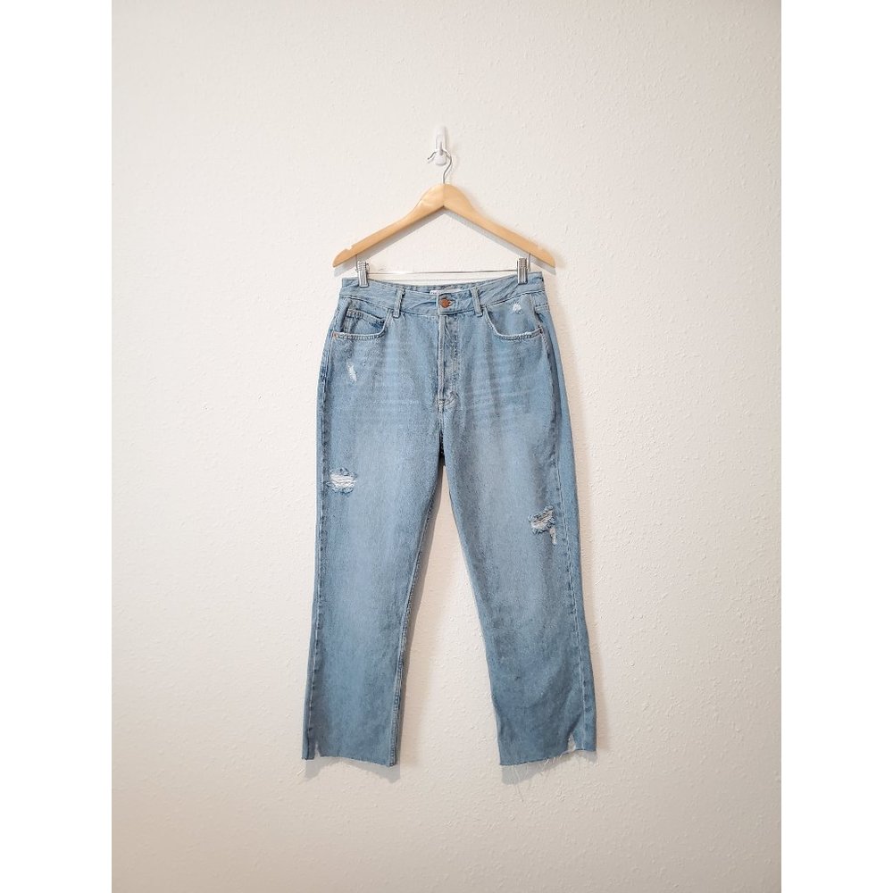 Zara Light Wash Distressed High Rise Straight Jeans 10 - Picture 3 of 8